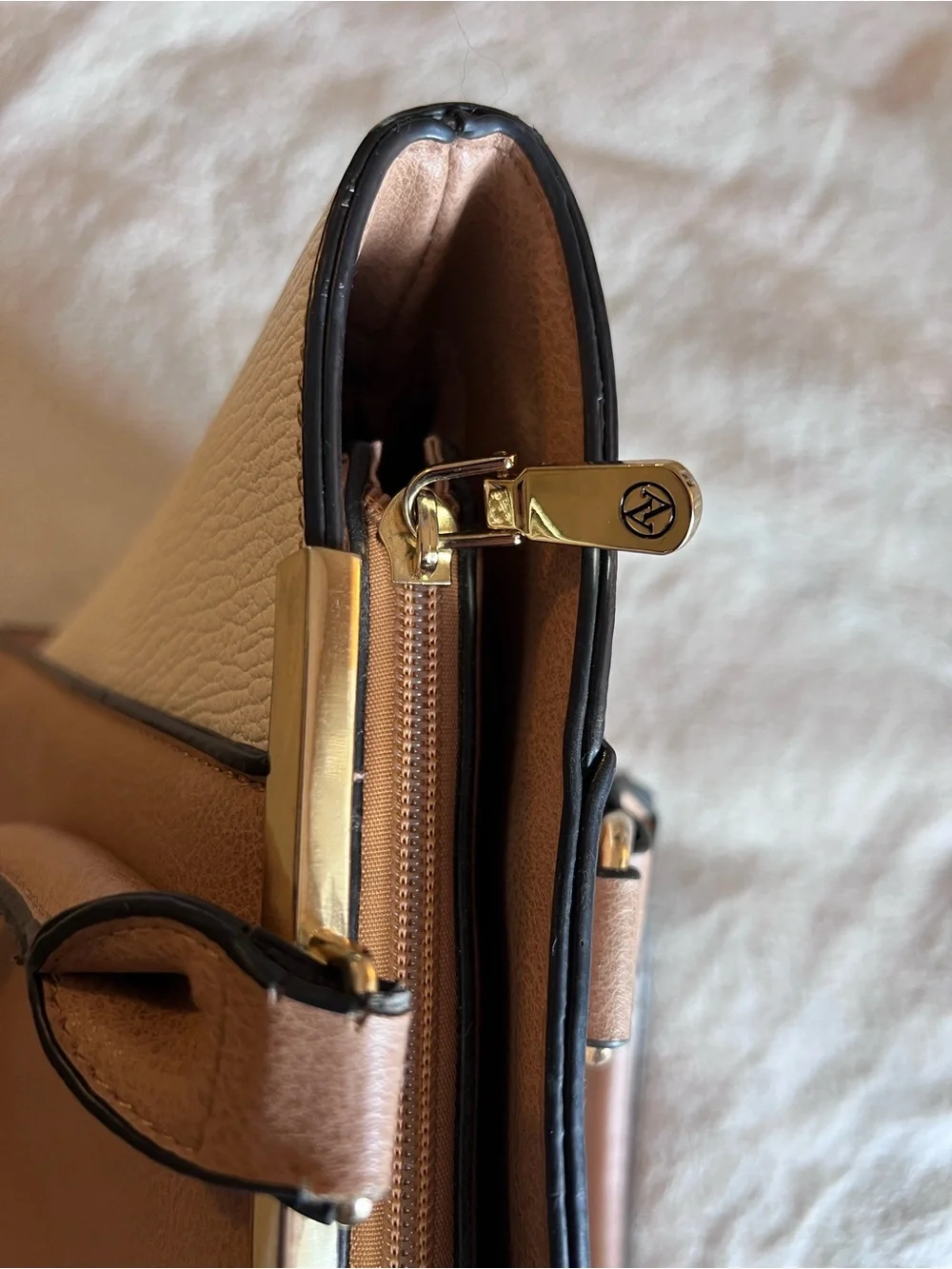 Adrienne Vittadini Taupe and Cream Shoulder Tote with Pom Charm Tan Work Bag